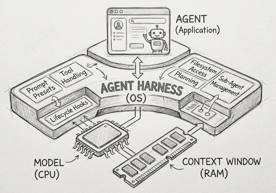 The agent harness drawn as an operating system: the agent application on top; prompt presets, tool handling, lifecycle hooks, planning, filesystem access, and sub-agent management in the middle; the model as the CPU and the context window as RAM underneath
