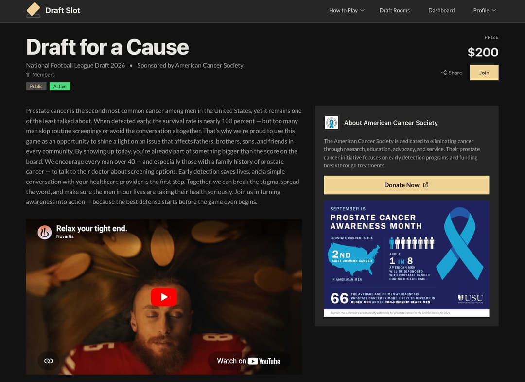 A sponsored 'Draft for a Cause' room — sponsorships help offset the seasonal infrastructure bill