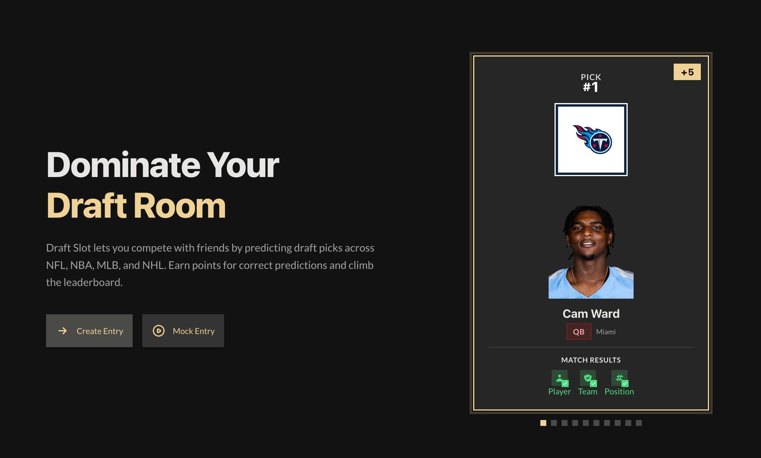 Draft Slot homepage — 'Dominate Your Draft Room' with a sample Pick #1 card
