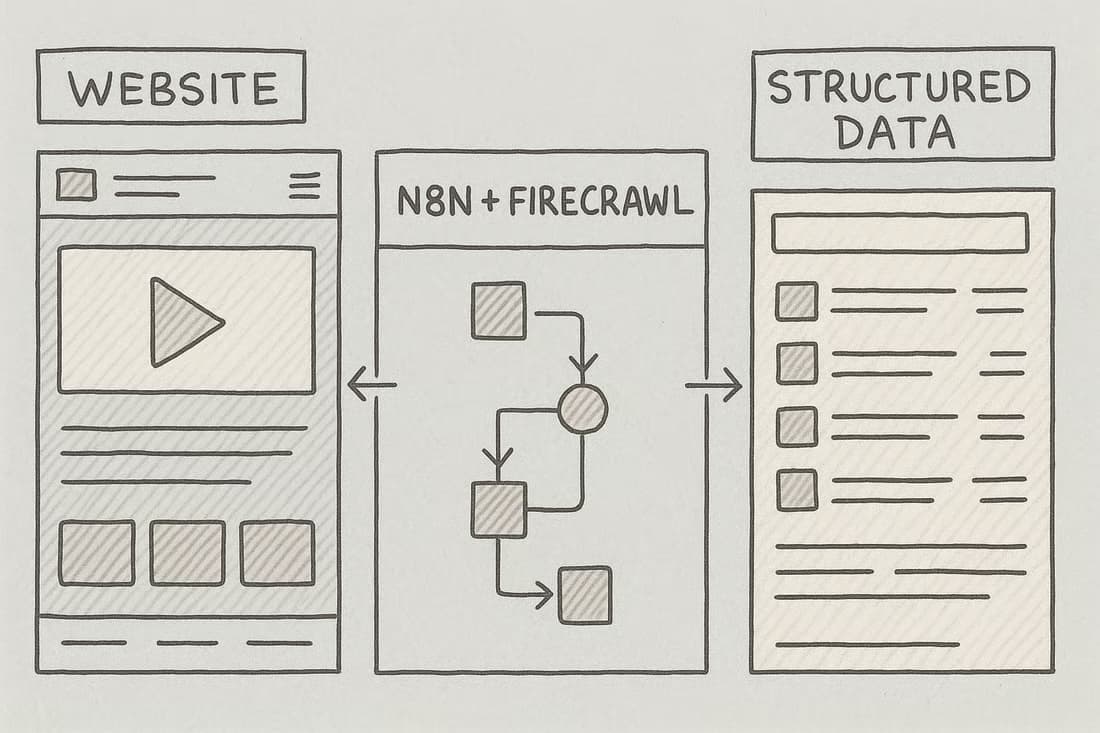 A hand-drawn diagram: a website on the left feeds an n8n and Firecrawl workflow in the middle, which outputs structured data on the right.