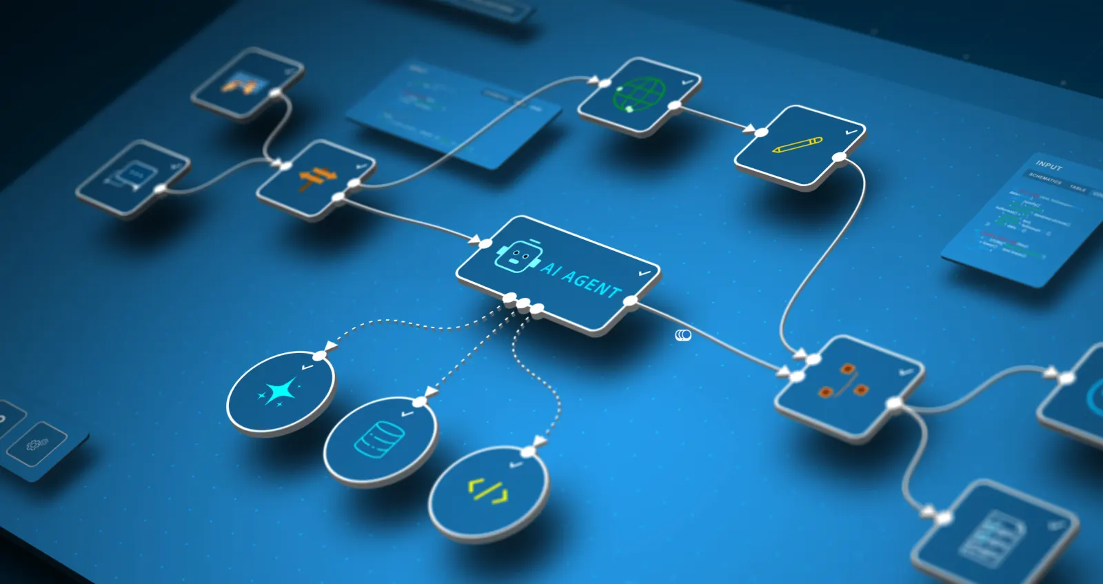 A production agent wired into a flow of tools and sources — fetching from the web, reading a datastore, running code, and writing output as the surrounding pipeline routes its work
